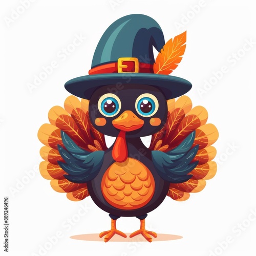 Thanksgiving turkey wearing a hat clipart, festive element, cute style, bright colors, isolated on white background