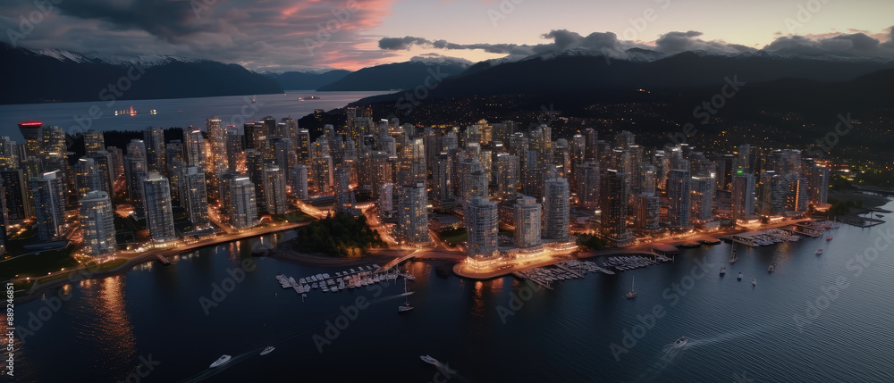 Fototapeta premium Coastal Cityscape at Twilight: Urban Elegance