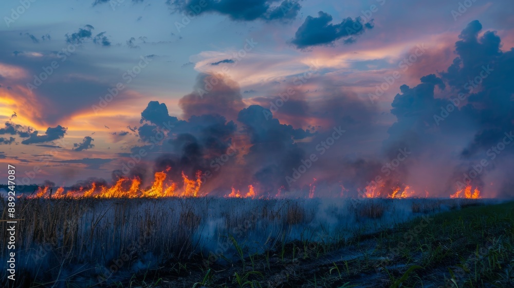 Fototapeta premium Smoke and flames from a controlled burn in an agricultural field at dusk.