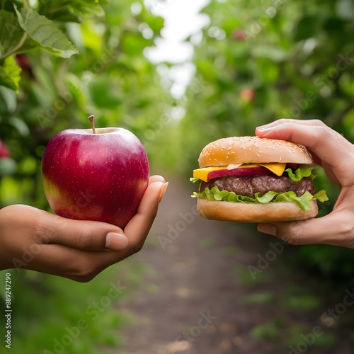 Holding an apple fruit in one hand and a hamburger in the other. Fresh, organic, and natural vegetarian cuisine is preferable than processed, fast-food meat that is unhealthy. Fitness eating, nutritio