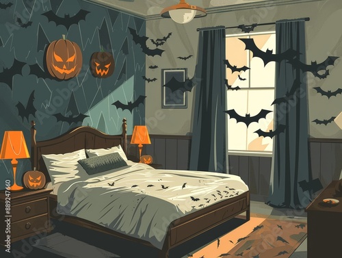 Spooky Halloween Bedroom Decor with Bat Wall Decals and Pumpkin Nightlight photo