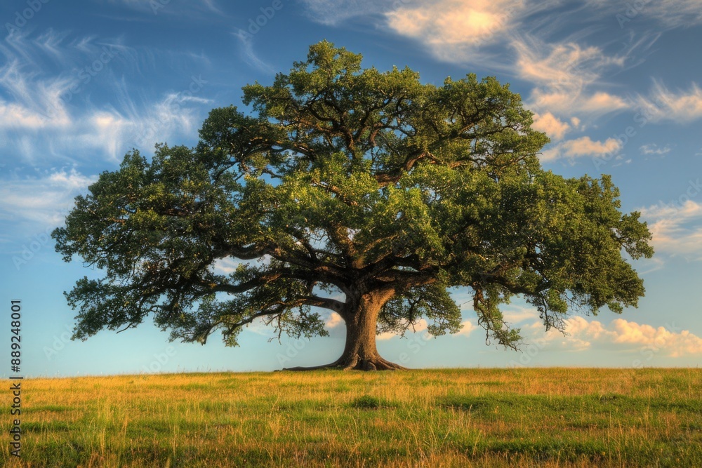 Oak Tree: Beautiful Countryside Landscape with Mighty Tree and Green Grass Field Oak Tree: Beautiful Countryside Landscape with Mighty Tree and Green Grass Field