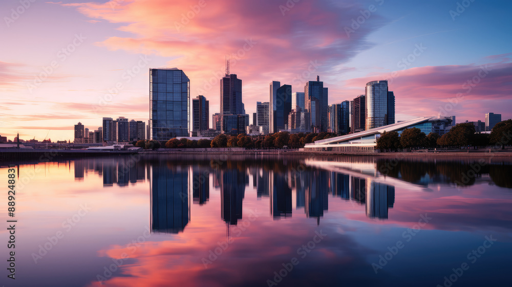 Fototapeta premium Vibrant City Skyline at Sunset Reflection