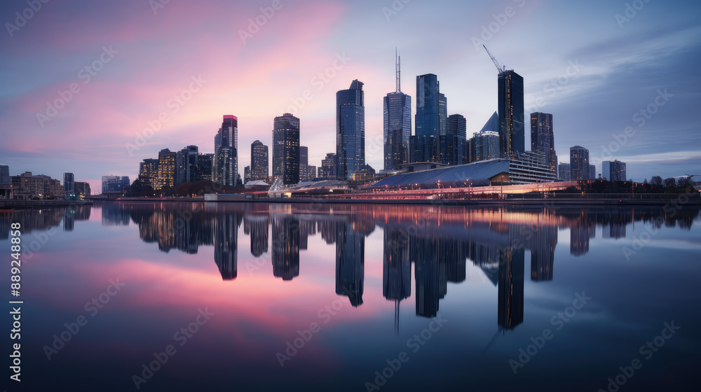 Fototapeta premium Urban Skyline Reflected in Calm Waters at Dusk