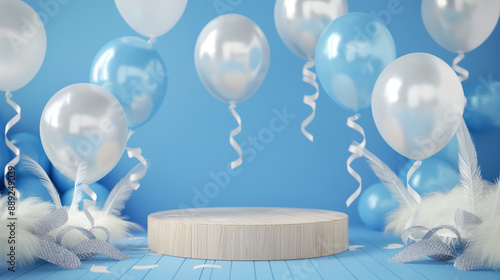 A wooden podium sits in front of a blue background, surrounded by white and blue balloons and feathers. photo