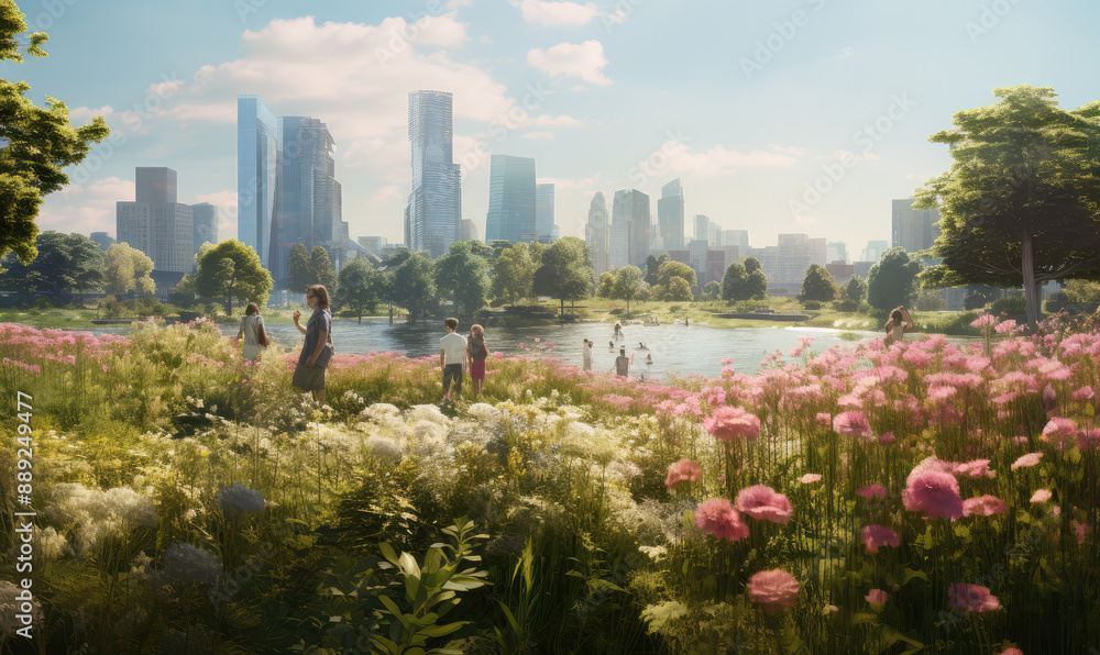 Obraz premium Blooming Urban Park with Skyline