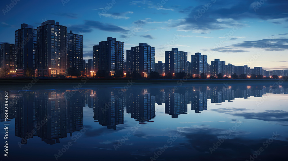 Fototapeta premium Urban Waterfront Skyline at Dusk