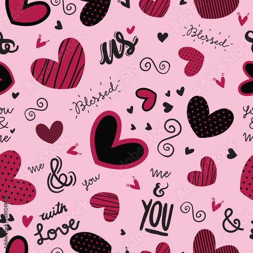 Cute doodle style hearts seamless vector pattern.  Handwritten background. Marker drawn different heart shapes and silhouettes. Hand drawn ornament. 