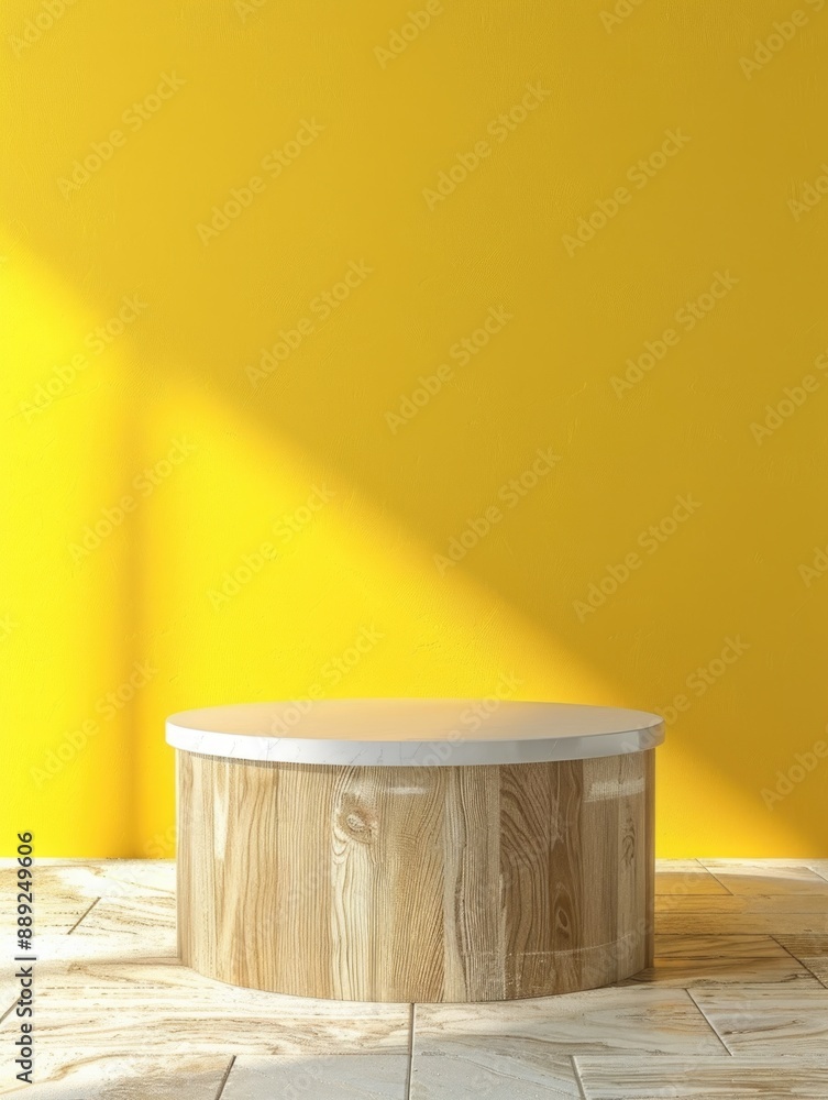 A wooden table sits on a tile floor, perfect for indoor or outdoor use A wooden table sits on a tile floor, perfect for indoor or outdoor use