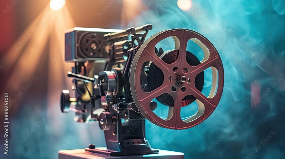Obraz premium Classic film projector with a reel of film, illustrating old-fashioned movie experiences