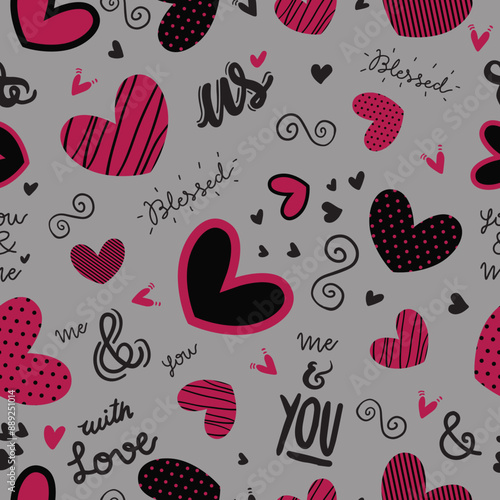 Cute doodle style hearts seamless vector pattern.  Handwritten background. Marker drawn different heart shapes and silhouettes. Hand drawn ornament. 