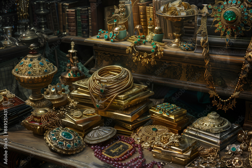 An opulent collection of antique treasure, with a realistic pile of gold bars, emerald-studded necklaces, and intricate silverware, all captured in high definition, highlighting the fine details and
An opulent collection of antique treasure, with a realistic pile of gold bars, emerald-studded necklaces, and intricate silverware, all captured in high definition, highlighting the fine details and