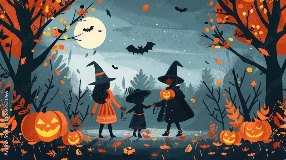 Three children in Halloween costumes enjoy a spooky night with pumpkins, bats, and a full moon in a forest decorated for the occasion. Three children in Halloween costumes enjoy a spooky night with pumpkins, bats, and a full moon in a forest decorated for the occasion.