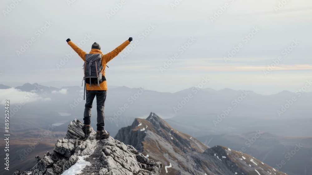 A hiker standing triumphantly on a mountain summit with arms raised, overlooking expansive mountain vistas, capturing the essence of adventure, achievement, and nature’s beauty. A hiker standing triumphantly on a mountain summit with arms raised, overlooking expansive mountain vistas, capturing the essence of adventure, achievement, and nature’s beauty.