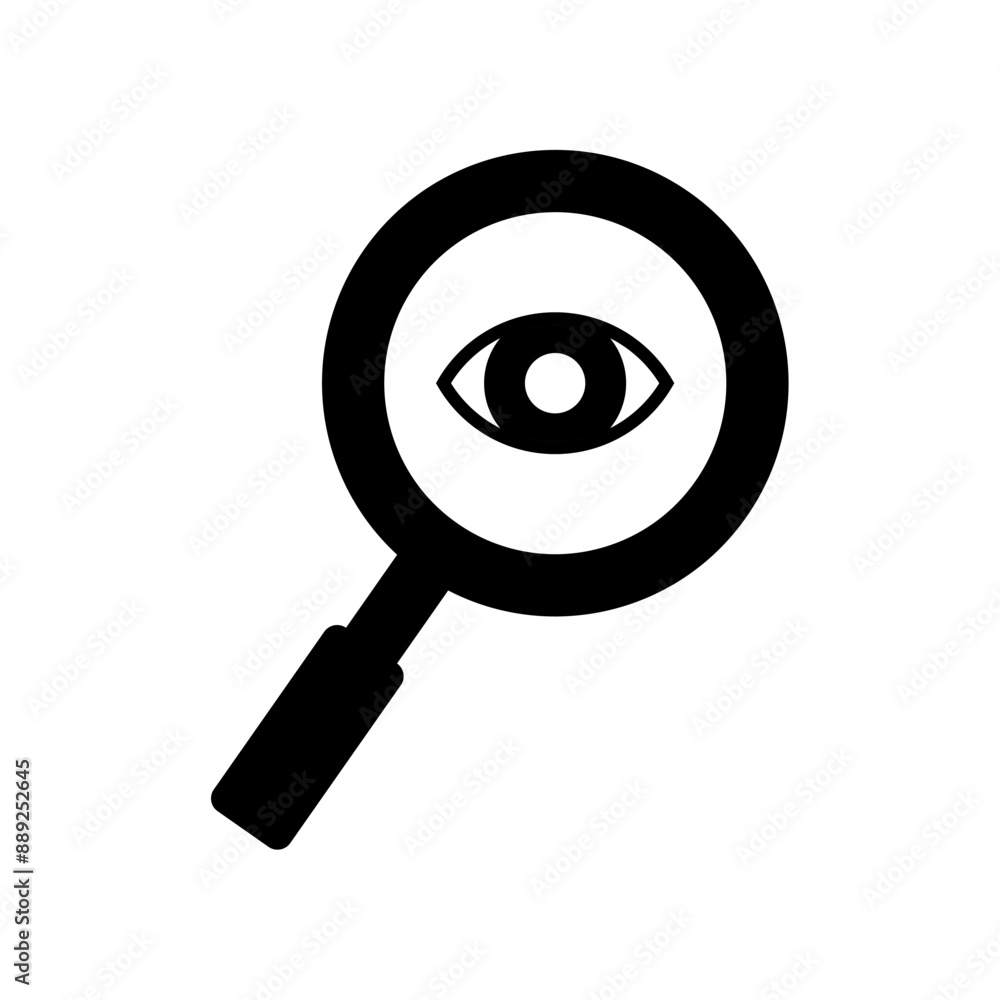 magnifying glass and eye retina icon, search symbol. silhouette vector isolated on white background. simple and modern design magnifying glass and eye retina icon, search symbol. silhouette vector isolated on white background. simple and modern design