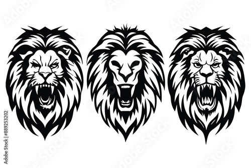 set of 3 lion head angry roaring logo vector silhouette, shows power and strenght photo