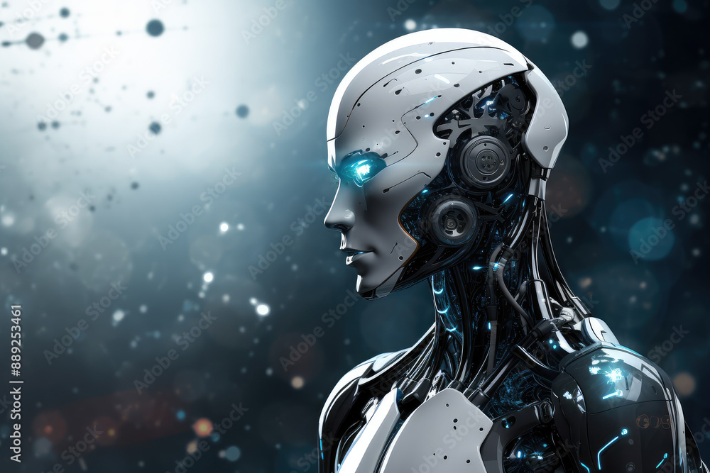 Futuristic AI Robot Gazing Forward Under Blue Lights Futuristic AI Robot Gazing Forward Under Blue Lights