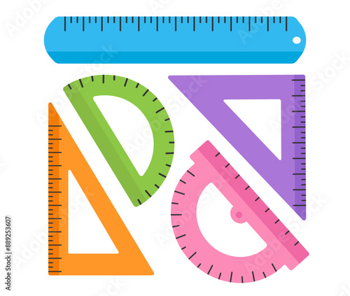 Colored set of vector school rulers. Ruler, triangle ruler, protractor