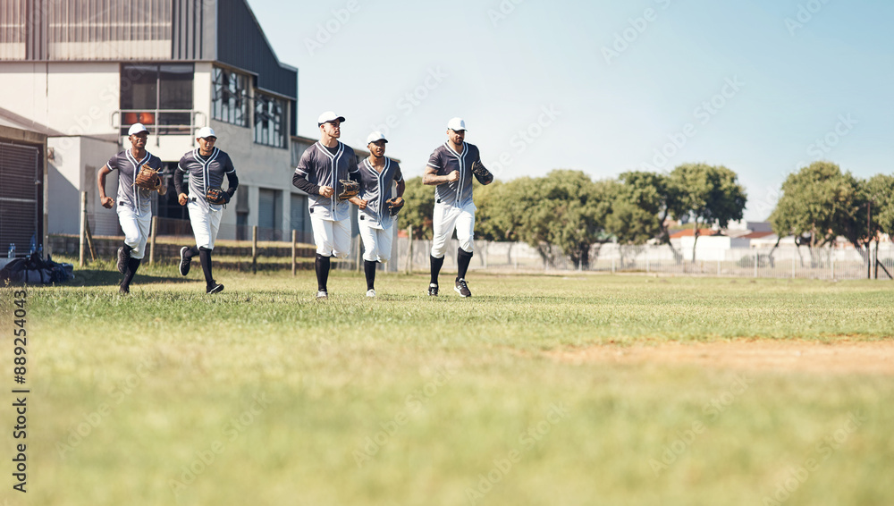 Obraz premium Baseball field, group and fitness for game, teamwork and players with workout, training and sports. Healthy men, uniform and running with practice for competition, tournament and wellness with energy