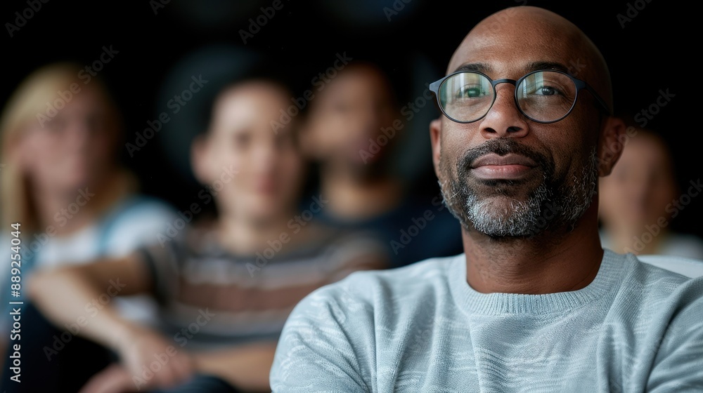 A distinguished man with a gray beard and glasses sits in focus while a group of people with blurred faces sit in the background, reflecting contemplation.