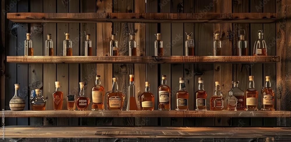Variety of Bottles on Rustic Shelf