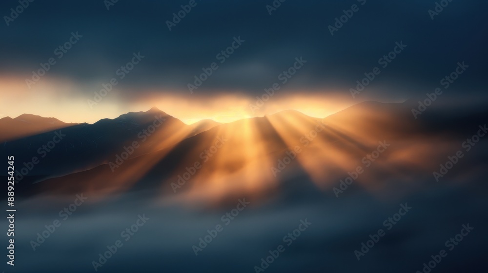 A picturesque landscape of misty mountains with rays of sunrise breaking through the mist, creating an ethereal and serene atmosphere, representing peace and natural beauty. A picturesque landscape of misty mountains with rays of sunrise breaking through the mist, creating an ethereal and serene atmosphere, representing peace and natural beauty.