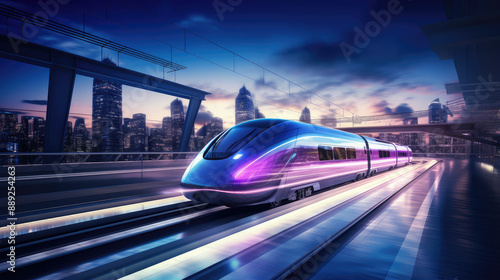 Futuristic High-Speed Train in a Modern Cityscape © evening_tao