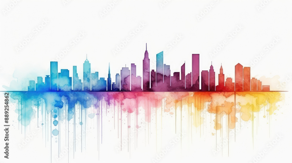 Vibrant Watercolor City Skyline Reflection Art Vibrant Watercolor City Skyline Reflection Art