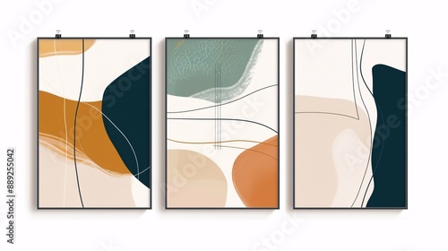 A set of three contemporary abstract art posters featuring a continuous minimalistic pattern, elegantly displayed on a white background for a modern and elegant look