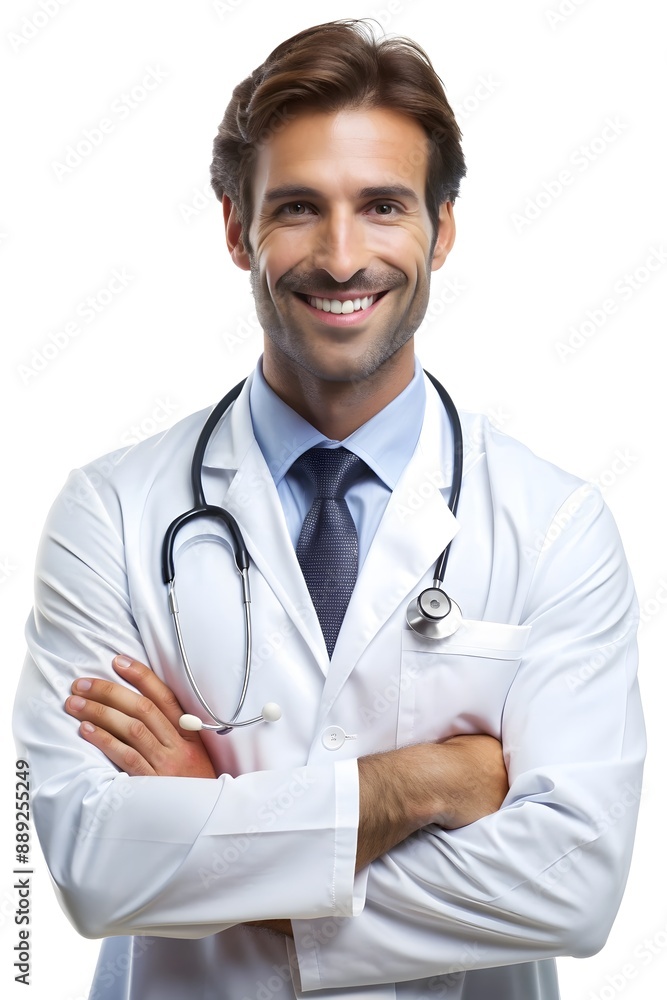 A dentist, pediatrician, surgeon holds a stethoscope and smiles confidently, isolated background A dentist, pediatrician, surgeon holds a stethoscope and smiles confidently, isolated background