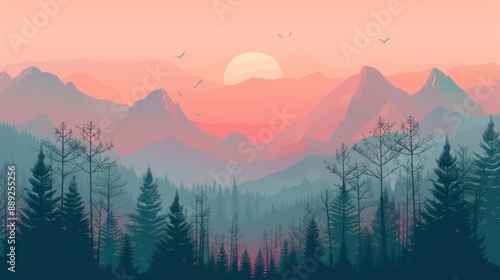 A modern illustration of a sunset in a mountain landscape