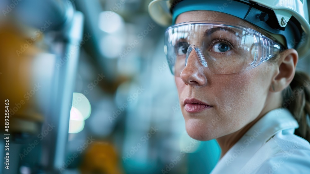 A female engineer wearing safety glasses stands at an industrial site. Her professional attire and serious expression signify her commitment and technical proficiency. A female engineer wearing safety glasses stands at an industrial site. Her professional attire and serious expression signify her commitment and technical proficiency.