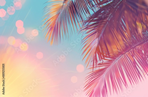 Abstract sunset sky cloud background with tropical palm tree and colorful bokeh sun light.