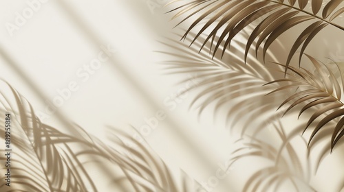 Background with blurred shadows created by palm leaves on light cream wall. Minimalistic spring summer background.