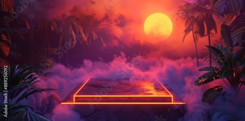 Neon-lit abstract background. Palm trees, sun, and clouds. Synthwave, retrowave, vaporwave.