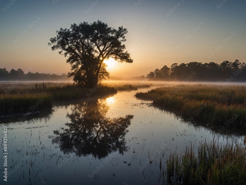 Sunrise over foggy marshland landscape Sunrise over foggy marshland landscape