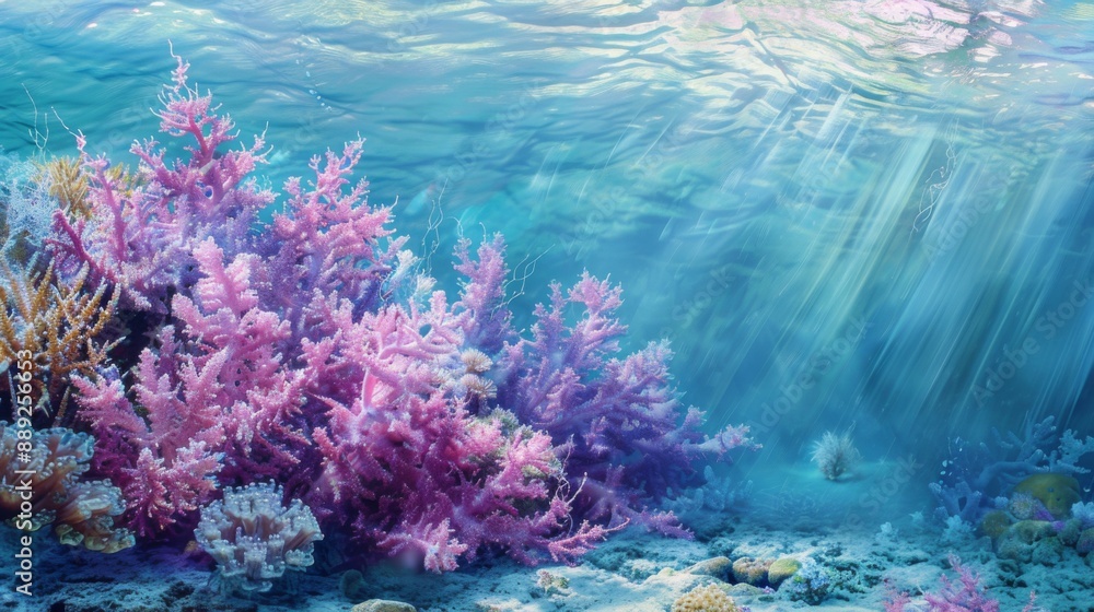 Obraz premium Underwater view of a coral reef adorned with blooming sea fans, adding a delicate floral touch to the ocean floor.