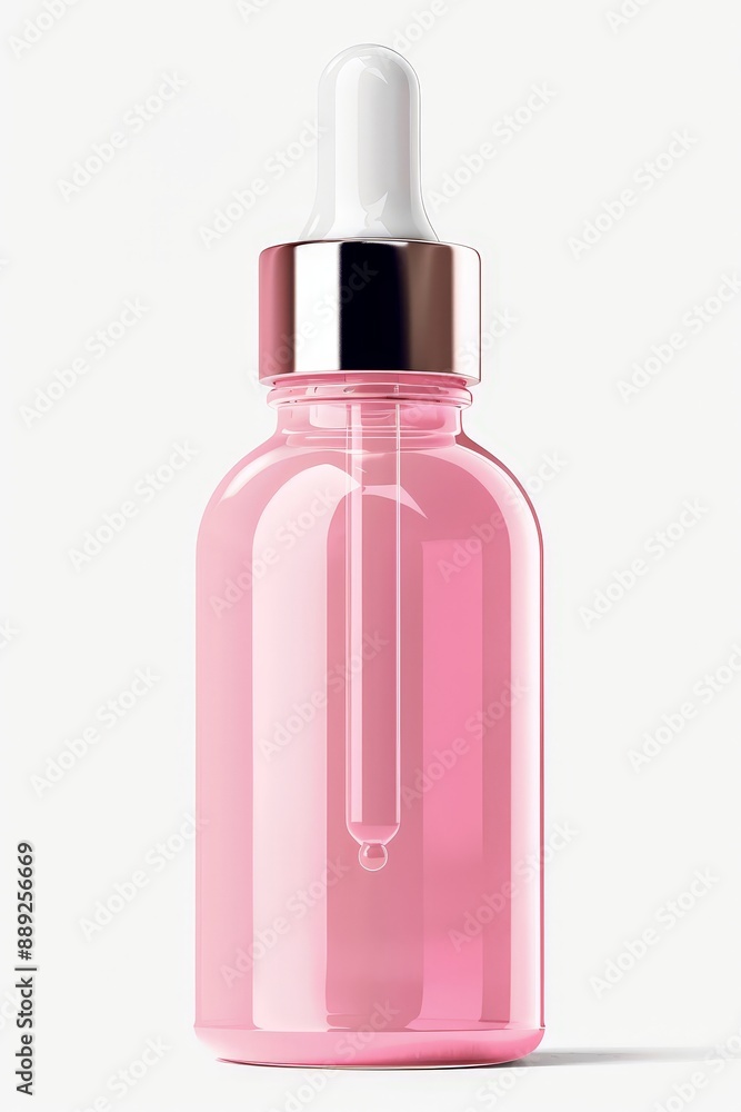 Close-up shot of a pink dropper bottle for skincare and beauty products. Close-up shot of a pink dropper bottle for skincare and beauty products.