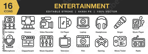Set of 16 Entertainment icon set. Editable Stroke Icon Collection. Includes art gallery, cd player, movie ticket, television, music equaliser, and More. Outline icons vector collection.