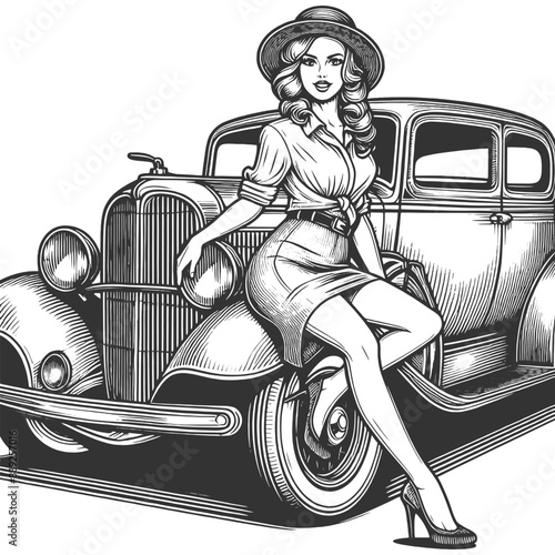 pin-up girl posing with a classic car, capturing a nostalgic and stylish scene sketch engraving generative ai fictional character vector illustration. Scratch board imitation. Black and white image.