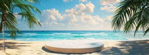 Beach podium summer banner stand scene sale sky holiday vacation stage water island sun travel pedestal promotion presentation ad. Beach podium summer banner stand scene sale sky holiday vacation