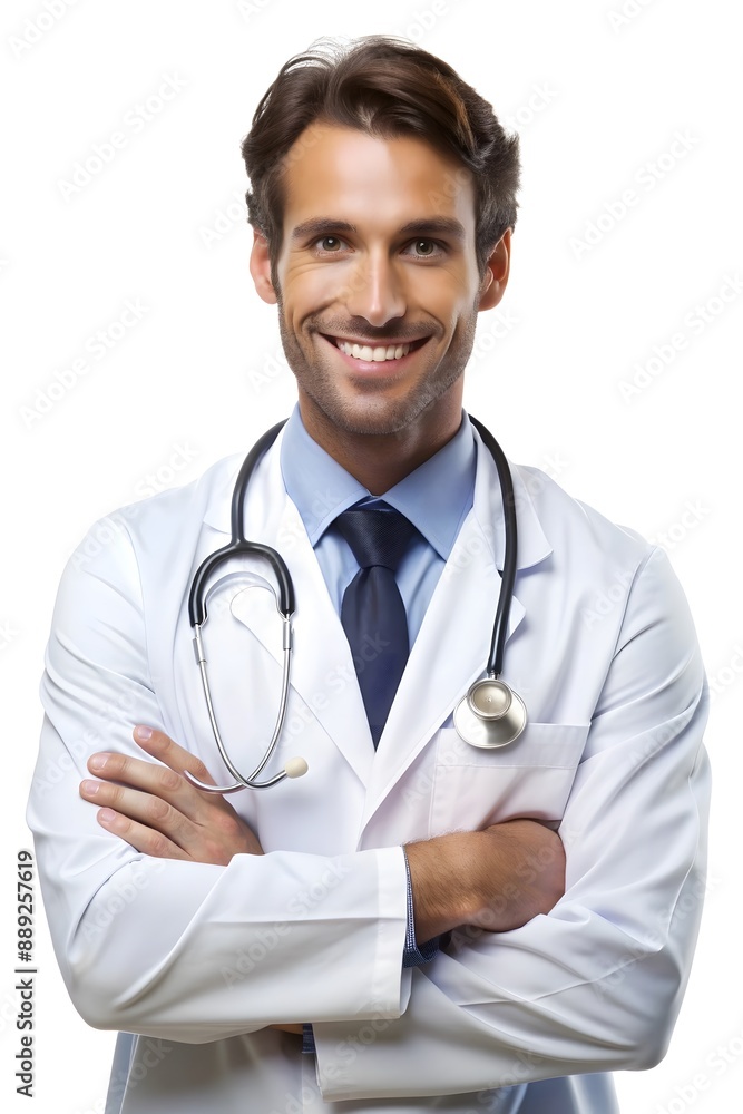 A dentist, pediatrician, surgeon holds a stethoscope and smiles confidently, isolated background A dentist, pediatrician, surgeon holds a stethoscope and smiles confidently, isolated background