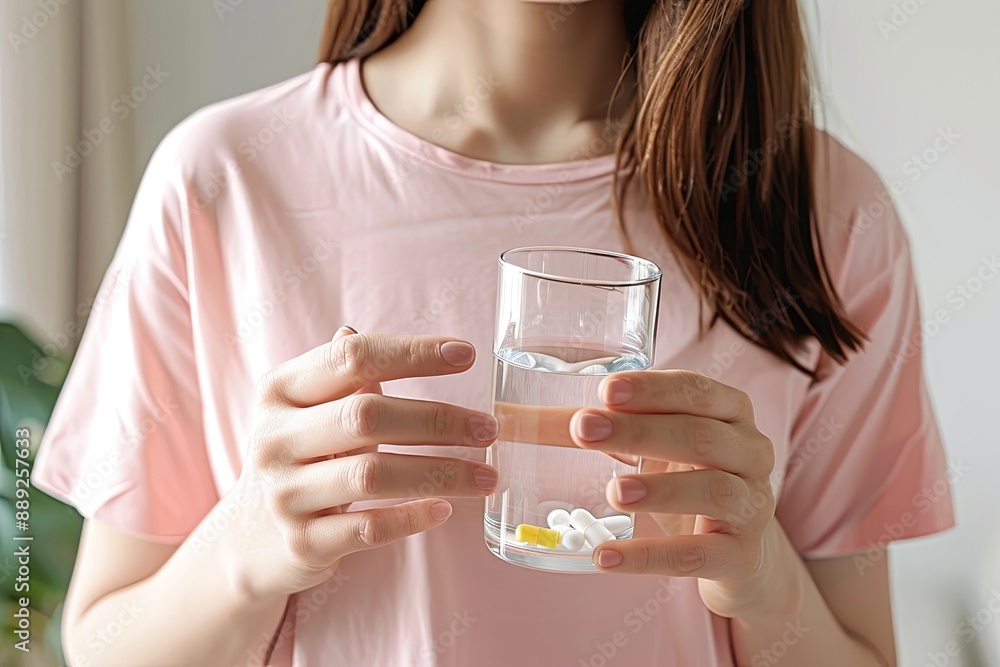 Woman Holding Pills and Glass of Water Woman Holding Pills and Glass of Water