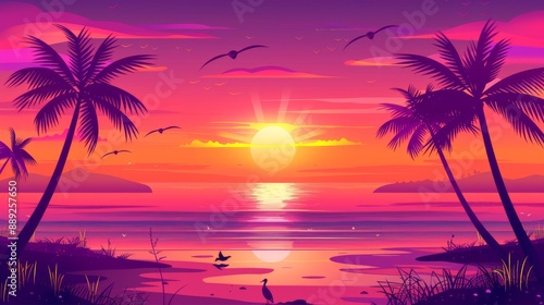 Palm trees, sunsets, and the beach in an abstract summer background