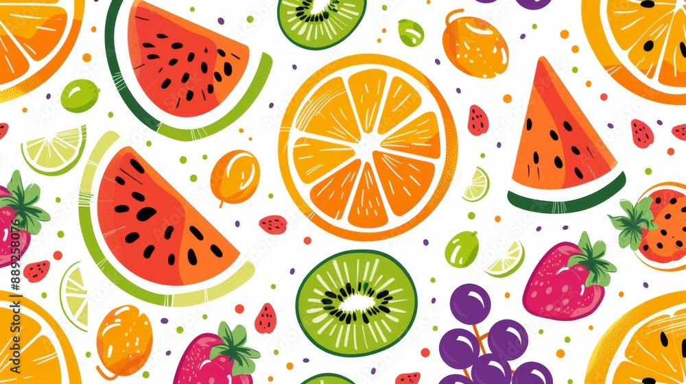 Embrace summer with this seamless pattern background of colorful fresh fruits, including oranges, lemons, strawberries, and watermelons. Embrace summer with this seamless pattern background of colorful fresh fruits, including oranges, lemons, strawberries, and watermelons.
