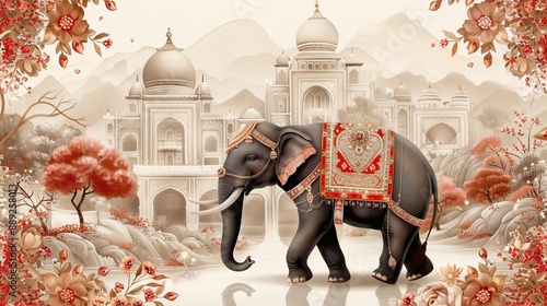 An Indian wedding invitation card design featuring an elephant with carvings and the bridegroom riding on it