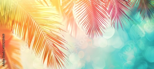 Tropical summer background with palm leaves and bokeh effect. Modern botanical wall paper with soft colors. Festive mood. Summer vibes. Wide banner. Copy space. Mockup for design.