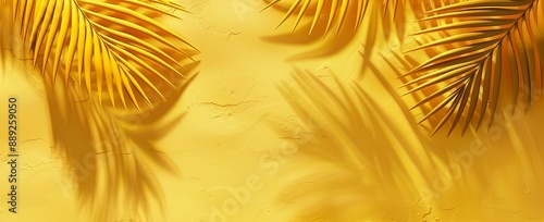 Summer background with copy space. Tropical palm branch illustration in bright yellow.