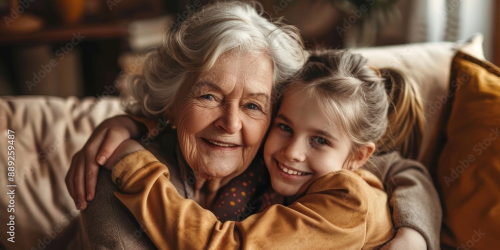 An intimate moment between an older woman and a young girl on a couch An intimate moment between an older woman and a young girl on a couch