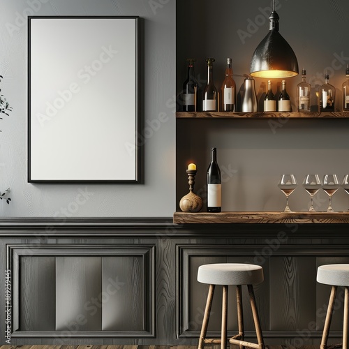3d render mockup of A bar with a white framed mirror and shelves of wine bottles